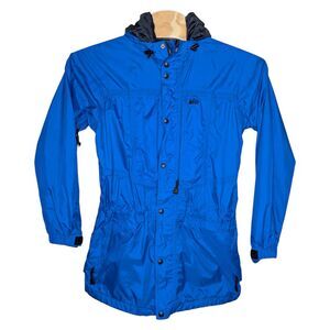 Vintage REI Elements Women's Royal Blue Rain Coat Sz Medium Hooded Full Zip Long